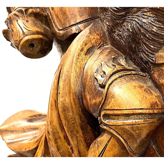 Wood Antique Monumental Knight on Steed Hand-Carved Wood Statue For Sale - Image 7 of 13
