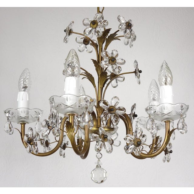 Antique Italian Gold-Plated Metal Crystal Flowers Chandelier, 1950s For Sale - Image 6 of 17
