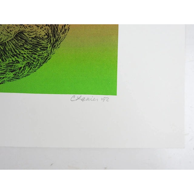 Contemporary colorful lithograph on paper of 3 toed sloth and her baby. Signed C. Lanier, titled "Derainforested II" and...