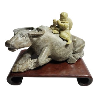 Chinese Stone Statue of Boy Playing Flute on Buffalo Oxen With Stand For Sale
