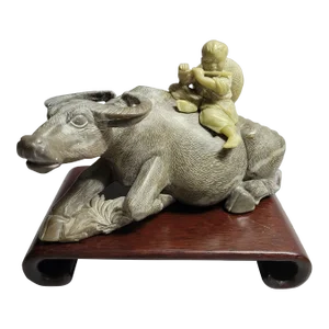 Chinese Stone Statue of Boy Playing Flute on Buffalo Oxen With Stand