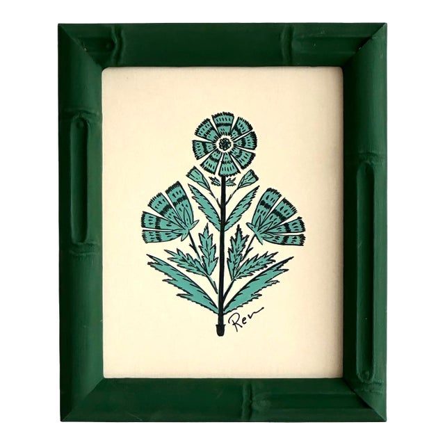 Hand-Painted Jaipuri Green Floral Motif Painting. Framed For Sale