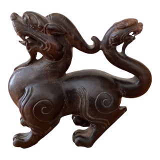 Vintage Hand Carved Chinese Natural Jade Statue With Fortune Beast Dragon Head Tail For Sale