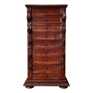 Late 19th Walnut Nine Drawer Tall French Carved Chest or Siffonier For Sale