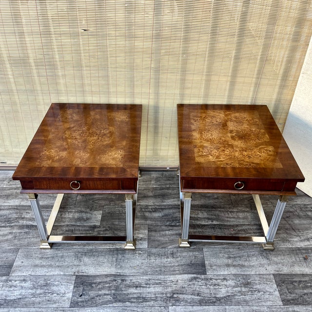 A Pair of Vintage Neoclassical Revival Burl Wood Side Tables By Lane Furniture Circa 1970s Features burlwood table tops,...