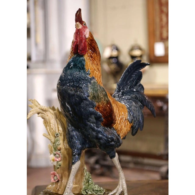 French 19th Century French Painted Faience Rooster With Vase Signed Paul Comolera For Sale - Image 3 of 12