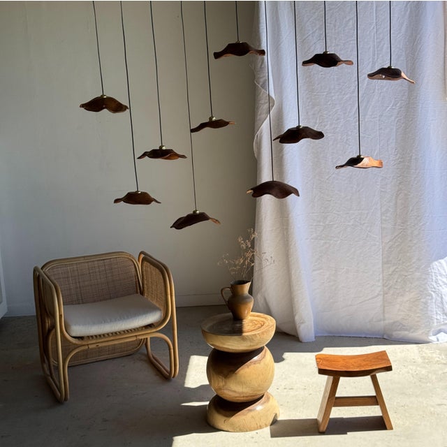 Wood Small Wavy Leaf-Shaped Teak Pendant Light, 1980s For Sale - Image 7 of 18