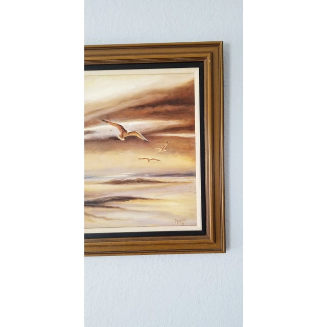 Wood 1974 Nancy Sunset Landscape W/ Flying Birds Abstract Painting For Sale - Image 7 of 11