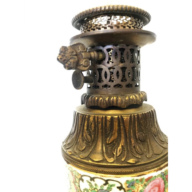 Early 20th Century Antique Asian Chinoiserie Style Hand Painted Porcelain and Bronze Oil Lamps Converted to Electric - a Pair For Sale - Image 12 of 13