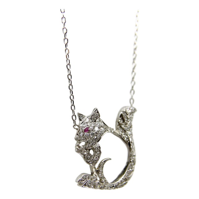 1940s Retro Platinum Encrusted Squirrel Pendant With 14k White Gold Chain For Sale