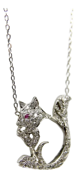 1940s Retro Platinum Encrusted Squirrel Pendant With 14k White Gold Chain