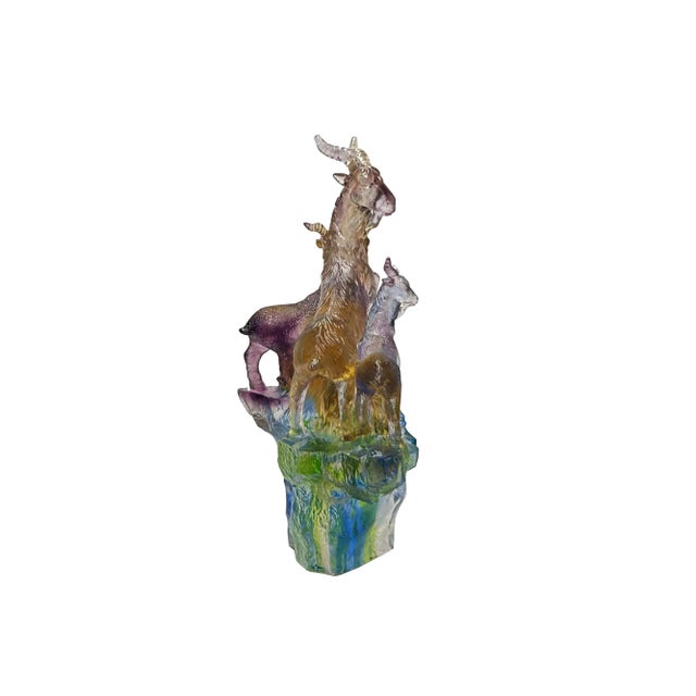 Purple Crystal Glass 3 Rams SanYang Kaitai on Mountain Display Figure For Sale - Image 4 of 6