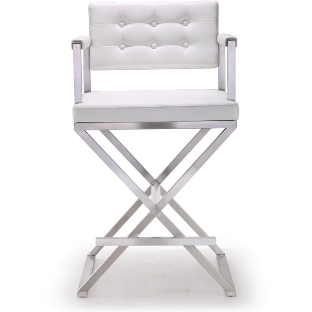 Transitional Director White Vegan Leather & Steel Counter Stool For Sale - Image 3 of 11