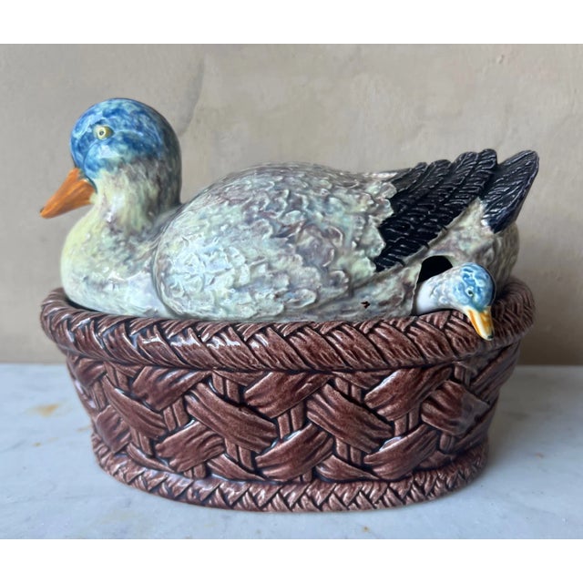 Farmhouse Bordallo Pinheiro Lidded Duck Figure Soup Tureen With Baby Duck Spoon For Sale - Image 3 of 10