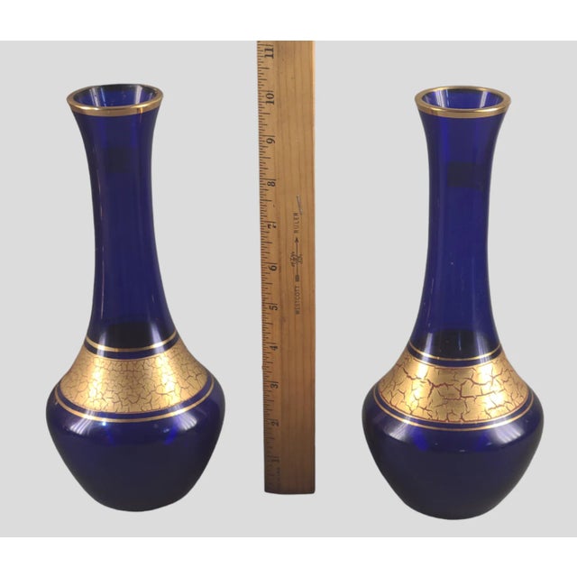 Gorgeous pair of Barth-Mann Germany vases in royal blue with crackled gold and original labels. This vintage pair is in...