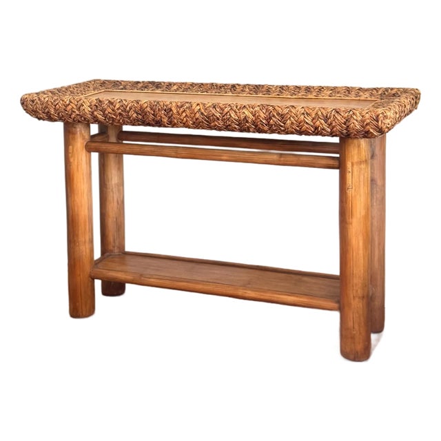 Mid 20th Century Rustic Handcrafted Wood Console Table With Woven Rattan Top For Sale
