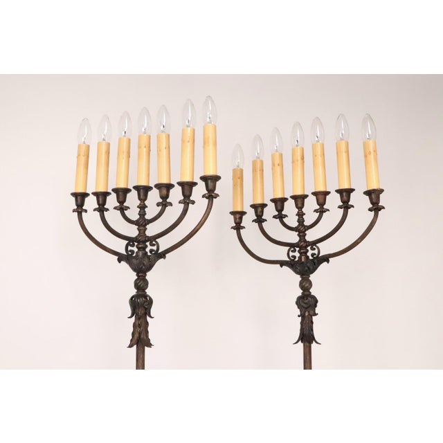 Metal Pair of Bronze Electrified Standing Menorah Candelabras For Sale - Image 7 of 13