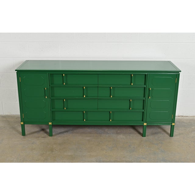 Mid-Century Modern Thomasville Hollywood Regency Chinoiserie Green Lacquered Long Dresser or Credenza, Newly Refinished For Sale - Image 3 of 14