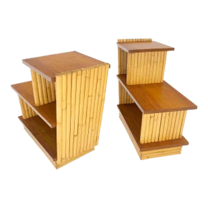 Restored 1950s Solid Mahogany & Bamboo Reed Step End Side Tables Stands - A Pair