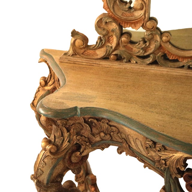 1940s French Louis XIV Style Ornately Scrolled Giltwood & Polychromed Console Set For Sale - Image 12 of 12