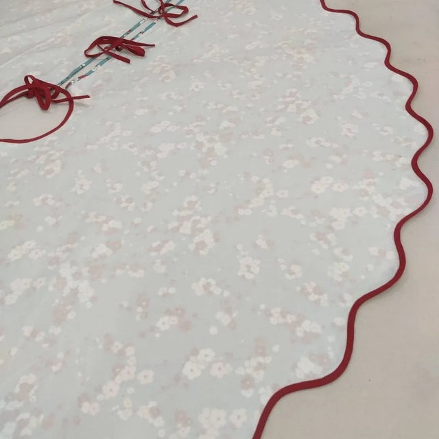 Textile Handmade Turquoise Floral Scalloped Christmas Tree Skirt with Red Piping For Sale - Image 7 of 9