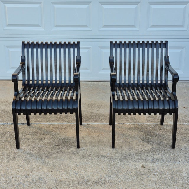 Thonet 1990s Thonet Style Black Lacquered Sculptural Wood Slatted Arm Chairs, a Pair For Sale - Image 4 of 18