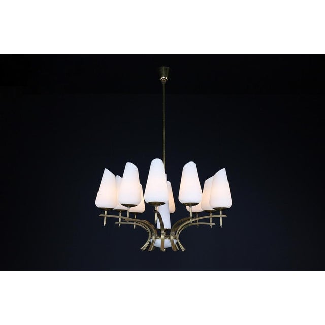 Mid-Century Modern Brass and Opaline Glass Chandelier, France, 1950s For Sale - Image 6 of 15