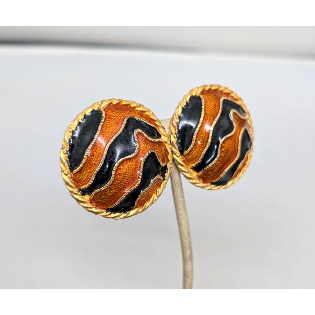 American Vintage Signed Gerard Yosca Round Orange & Black Striped Clip Earrings- 2 Pieces For Sale - Image 3 of 7