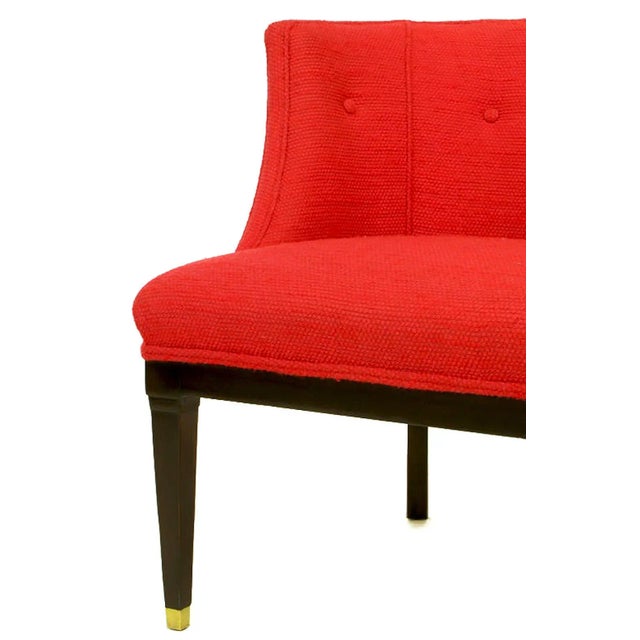 Button Tufted Red Wool and Dark Walnut Pull Up Wing Chairs - a Pair For Sale - Image 9 of 11