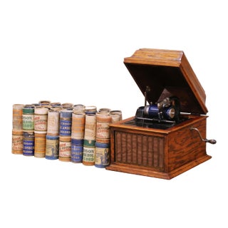 Early 20th Century Edison Oak Cylinder Phonograph With Blue Amberol Records For Sale