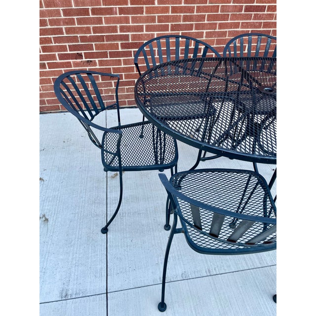 1990s Vintage Wrought Iron Patio Garden Set 6 Chairs 54" Oval Table Minimalist For Sale - Image 5 of 17