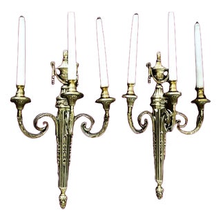 Large French Louis XVI Style Bronze Three-Arm Wall Sconces, 1950s, Set of 2 For Sale