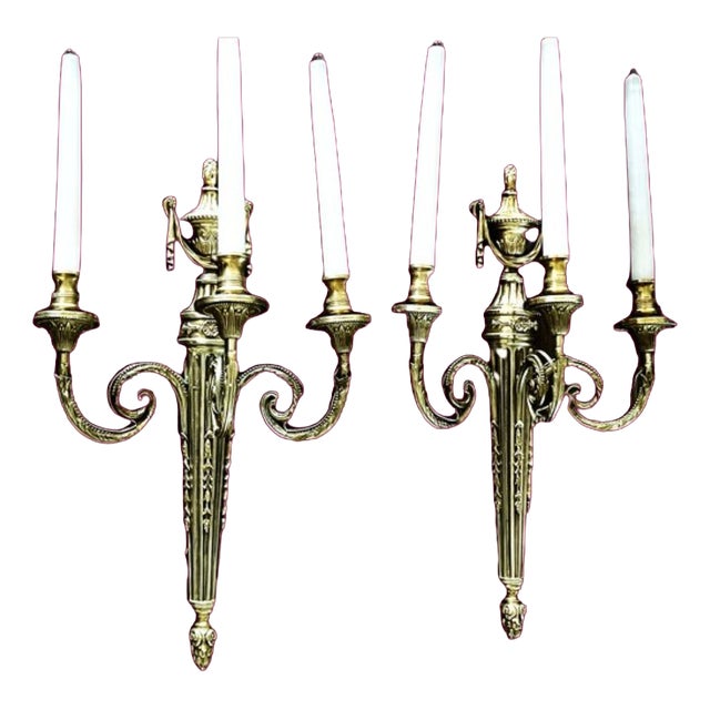 Large French Louis XVI Style Bronze Three-Arm Wall Sconces, 1950s, Set of 2 For Sale