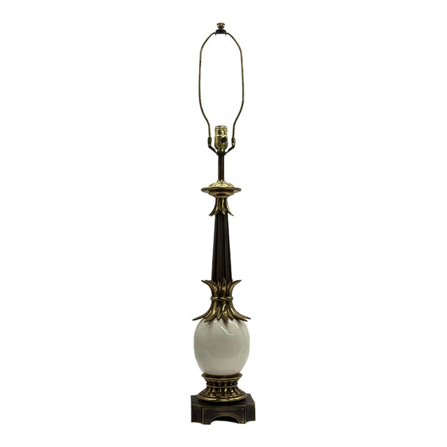 Vintage Signed Stiffel Neoclassical Brass and White Enamel Column Table Lamp For Sale