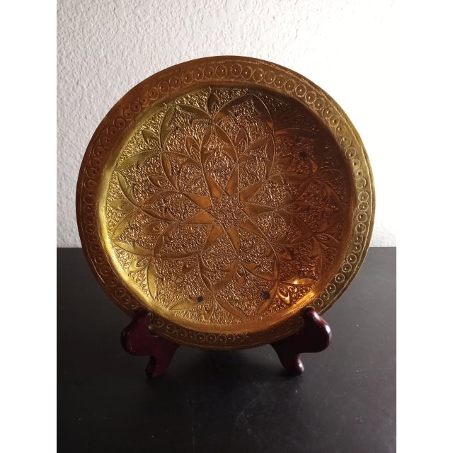 Turkish 1930s Hand Carved Champlevé Solid Brass Wall Plate For Sale - Image 3 of 5