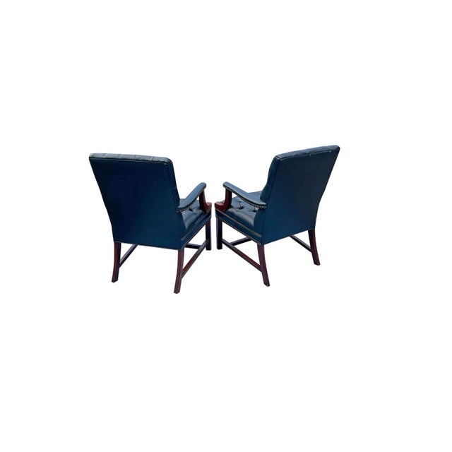 Vintage Chesterfield Tufted Blue Leather Arm Chairs a Pair. English Style With Brass Nailhead Accent's For Sale - Image 4 of 5
