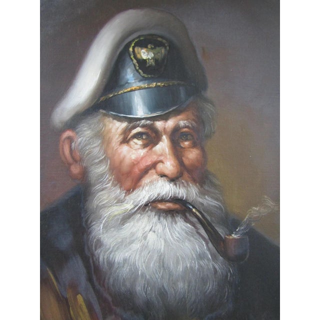1970s M. King Oil Painting Portrait of a Sea Captain Smoking a Pipe Signed and Framed For Sale - Image 4 of 9