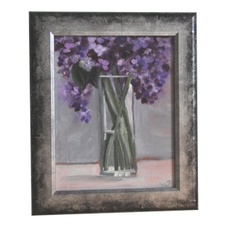 Floral Still Life Lilacs Interior Gray Lavender Green Impressionism French Traditional Original Oil Painting by Cleo Plowden For Sale