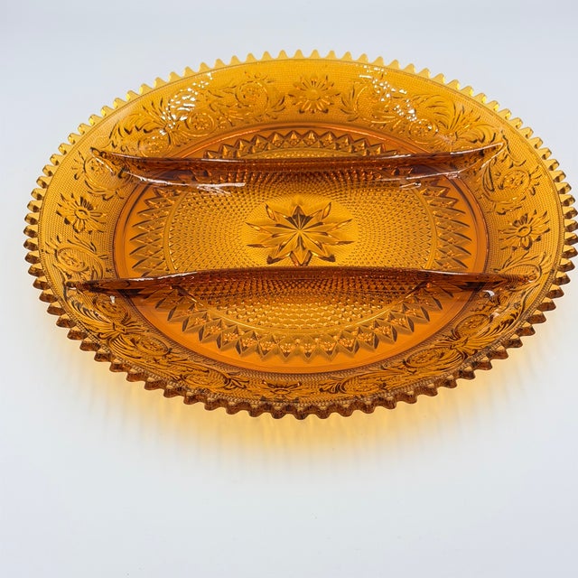 Indiana Glass Company 1950s Indiana Sandwich Glass Tiara Amber 3-Part Serving Platter Sawtooth Rim 12" Plate For Sale - Image 4 of 5