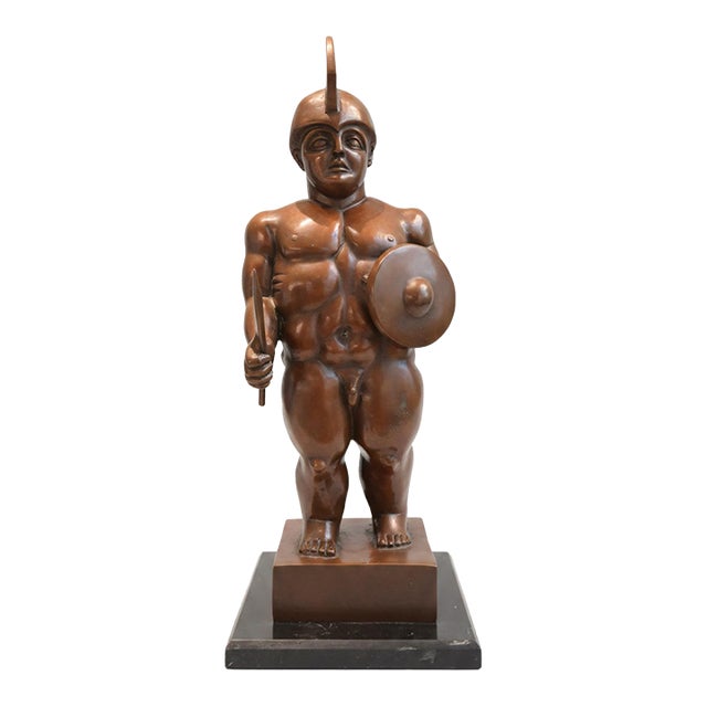 Late 20th Century After Fernando Botero Bronze-Patina Classical Warrior Sculpture on Marble Base For Sale