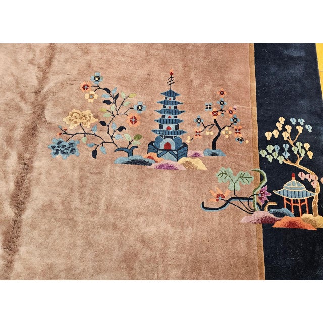 Vintage Hand-Knotted Chinese Art Deco Rug, Wool Pagoda Floral Motif, 9' x 12' For Sale - Image 15 of 17