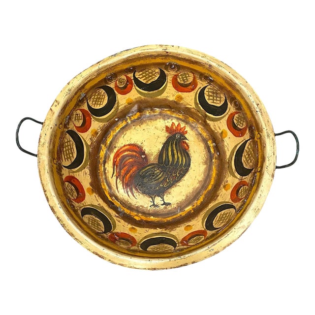 Peter Ompir Signed Tin Bowl Large 17" Rooster Folk Art Hand Painted Toleware For Sale