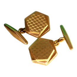 Hexagon-Shaped Guilloche Gold Cufflinks, Set of 2 For Sale