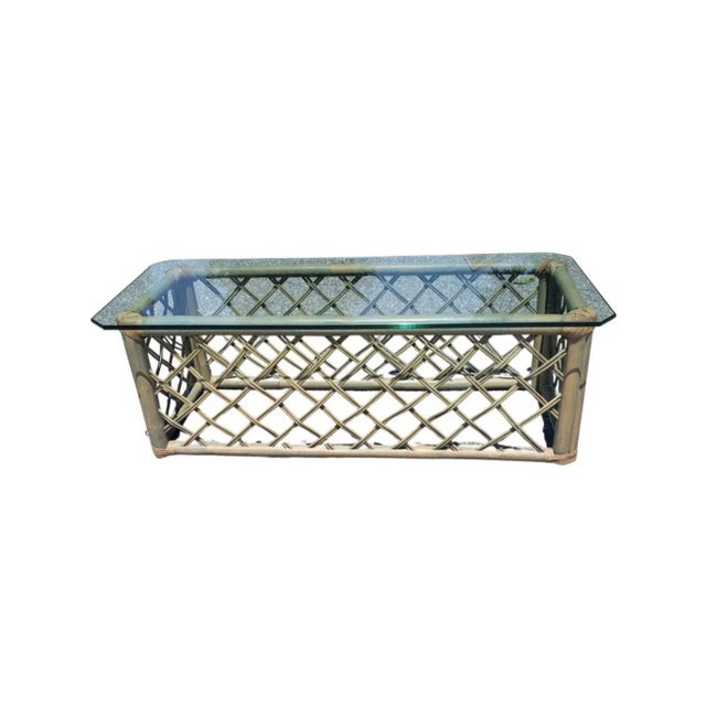 Wood Vintage Jumbo Rattan Glass Top Coffee Table in Turquoise-Champaign Color For Sale - Image 7 of 7