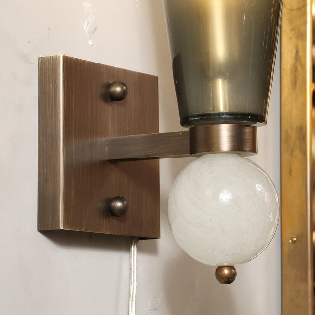 Modernist Hand-Blown Smoked Gray Murano Glass Conical Sconces With Orbital Drop For Sale - Image 15 of 15