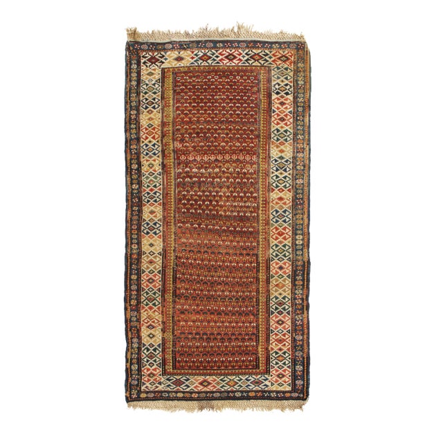19th-Century Antique Soumak Rug Gometric Burnt Red and Beige All Over Pattern For Sale
