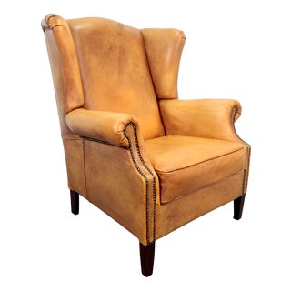 Vintage Sheepskin Leather Wing-Back Chair, 1970s For Sale