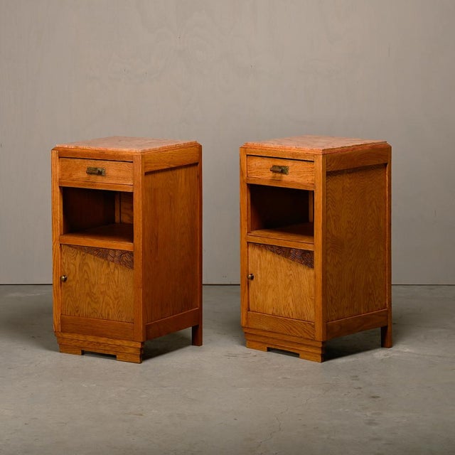 1920s French Art Deco Oak and Marble Nightstands, 1930s, Set of 2 For Sale - Image 5 of 15