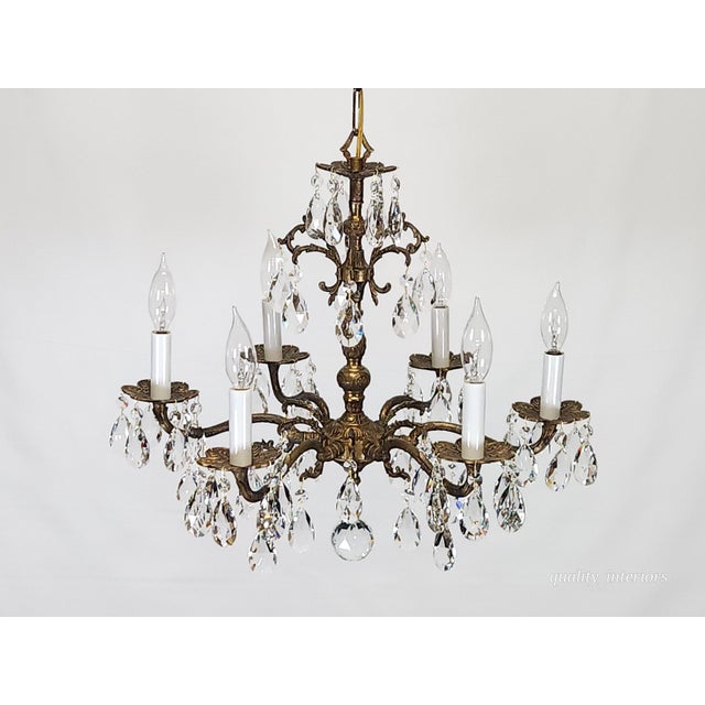 Vintage 6 Arm 6 Light Dark Patina Swanky Brass Cut Lead Glass Crystal Chandelier For Sale - Image 10 of 12