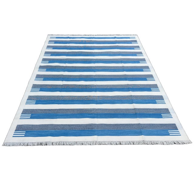 Handmade Cotton Area Rug, Sky Blue and White Cotton Vegetable Dyed Striped Dhurrie-9'x12' For Sale - Image 9 of 12
